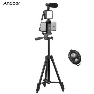 Andoer telefono vaizdo įrašų rinkinys su reguliuojamo aukščio trikoju, LED lempa ir mikrofonu